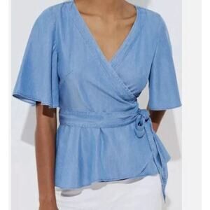 Loft Size XS Wrap Chambray Top Blouse Blue Belted V Neck Flared Sleeves